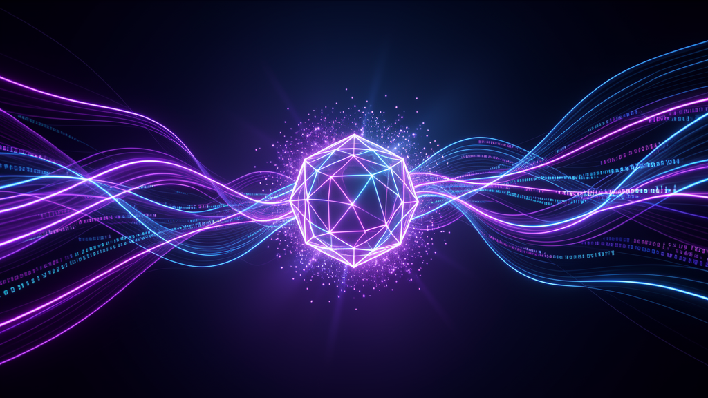 Hero Background gerado por IA Abstract digital landscape with purple and blue neon AI core