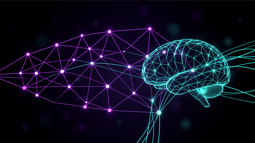 Neural Network gerado por IA Abstract AI neural network connections with purple and cyan glowing nodes